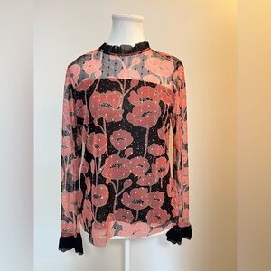 Ted Baker London Sheer Floral Mesh Blouse Poppy Pleated Neck Size 3